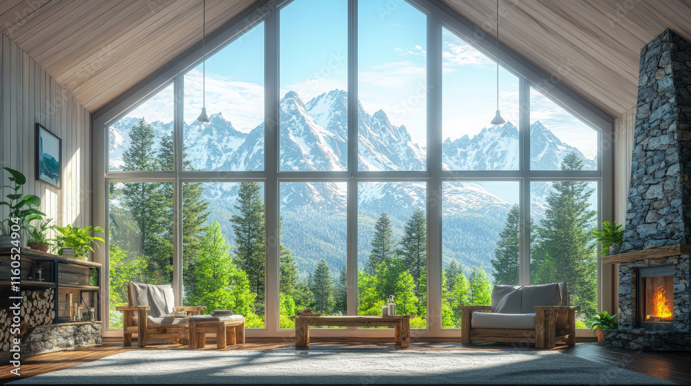 A luxury mountain cabin offering panoramic views of snow-capped peaks and a serene forest. The cozy interior includes a stone fireplace and rustic wooden furniture, making it the perfect retirement A luxury mountain cabin offering panoramic views of snow-capped peaks and a serene forest. The cozy interior includes a stone fireplace and rustic wooden furniture, making it the perfect retirement