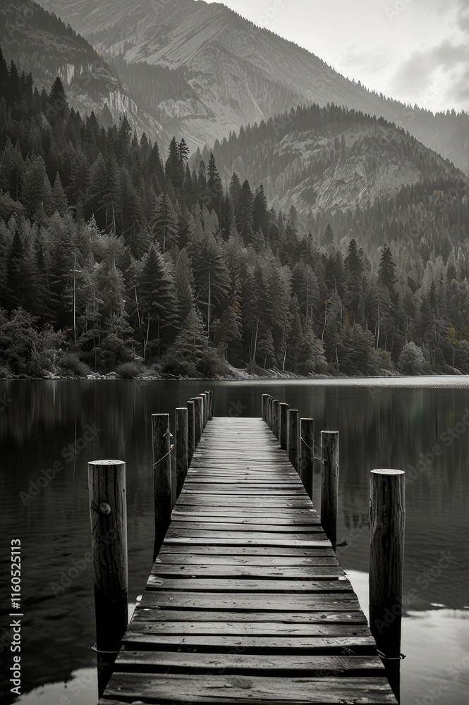 Fototapeta premium black and white wallpaper, Deserted wooden bridge fading into serene mountain lake