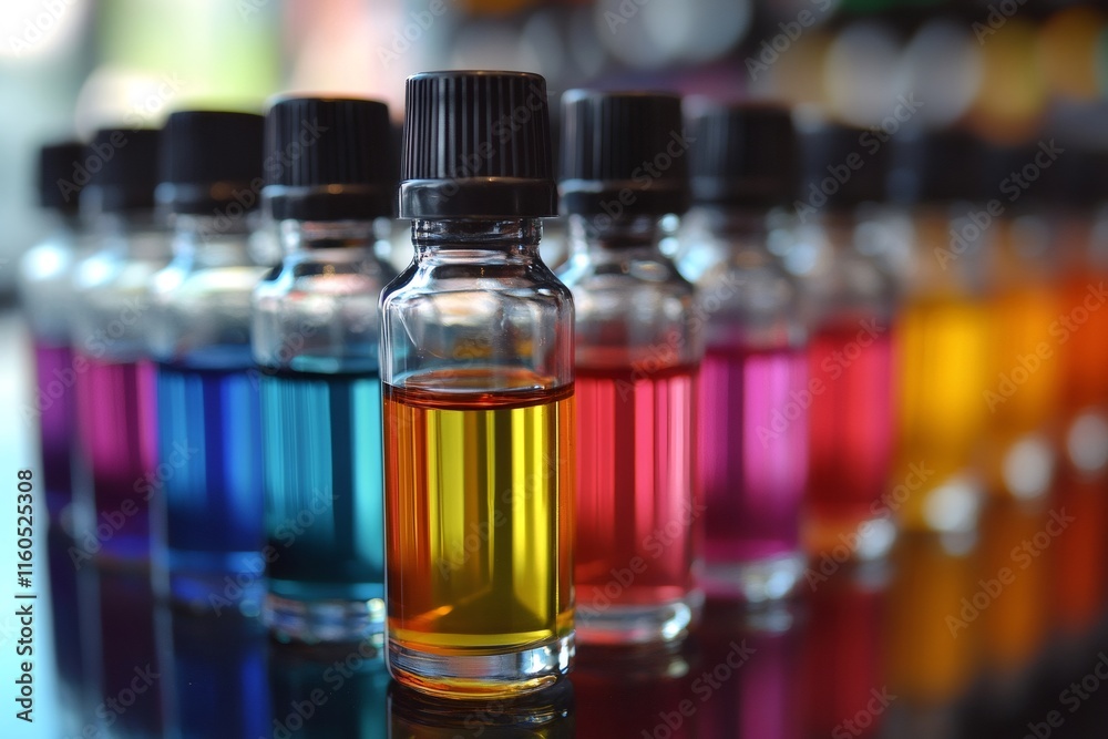 Colorful liquid creating a gradient in small glass bottles Colorful liquid creating a gradient in small glass bottles