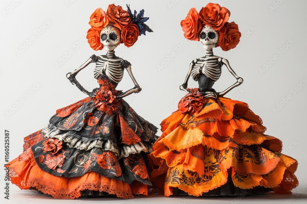 Fototapeta premium Two catrinas wearing orange roses on dia de los muertos posing with hands on hips