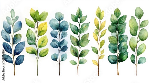 Watercolor Greenery Botanical Elements with Gold Glitter. Generative AI photo