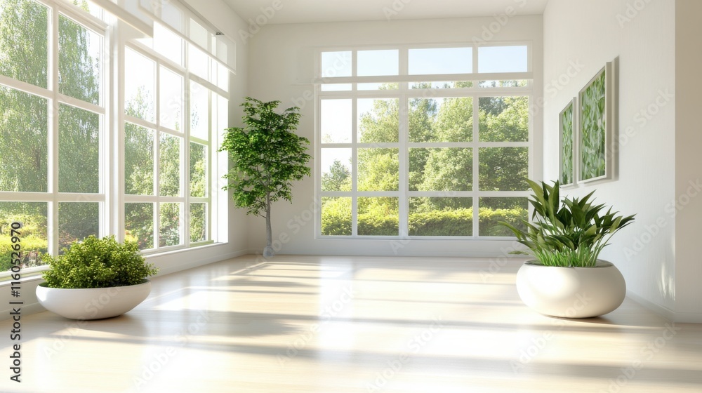 A clean modern office with large windows, white walls, and a few green plants for accents A clean modern office with large windows, white walls, and a few green plants for accents