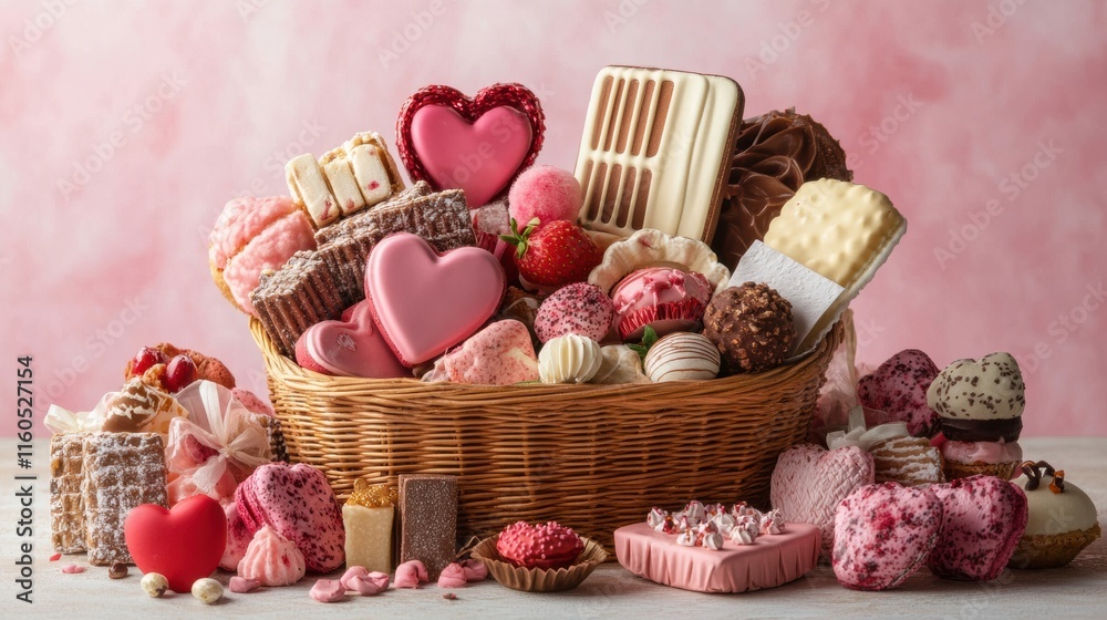 A unique Valentine Day gift basket with themed goodies and treats