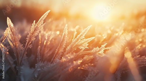 Frost-covered blades of grass shining like crystals in the sunlight. photo