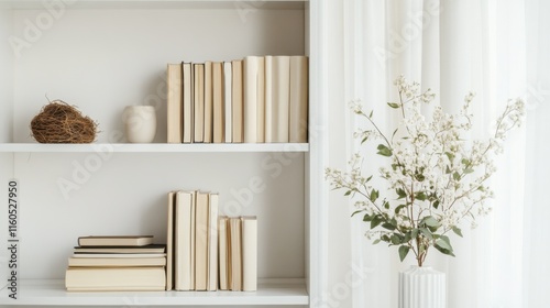 A minimalist bookshelf with neatly arranged books and a few natural decor pieces