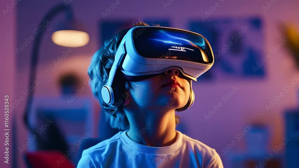 A little boy children having fun in virtual reality headset at home, playing online video game in world metaverse using innovative technology VR glasses exploring cyberspace A little boy children having fun in virtual reality headset at home, playing online video game in world metaverse using innovative technology VR glasses exploring cyberspace