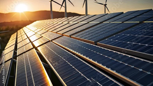 Solar Panels and Wind Turbines in a Sustainable Energy Field at Sunrise with Mountains in the Background

 photo