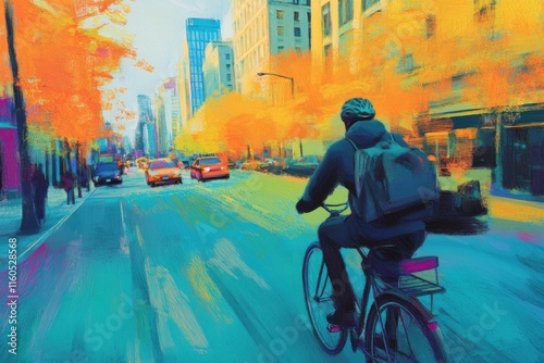 Wallpaper Mural Vibrant Urban Scene with Cyclist Riding Through Colorful Autumn Streets, Skyscrapers in Background, Warm Hues and Dynamic Motion Creating Lively Atmosphere Torontodigital.ca