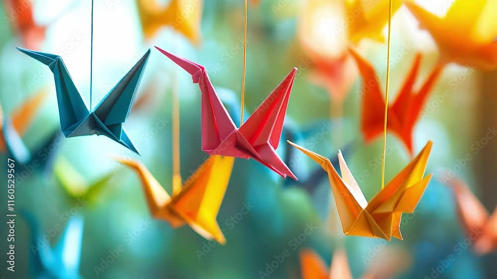 Colorful origami folded paper cranes. Origami birds. Colorful paper birds (origami birds) hanging together	
