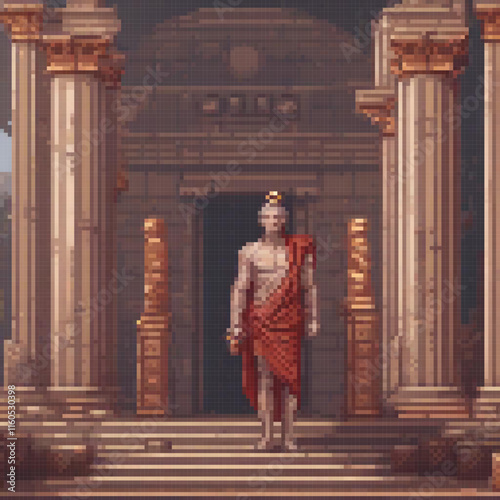 Red and white outfit man in pixel art, front of a building