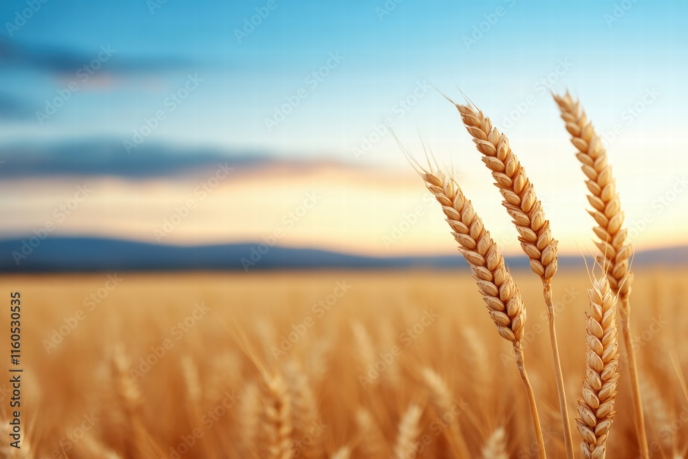 Fototapeta premium Emotional Value concept. Golden wheat against a clear blue sky at sunset.