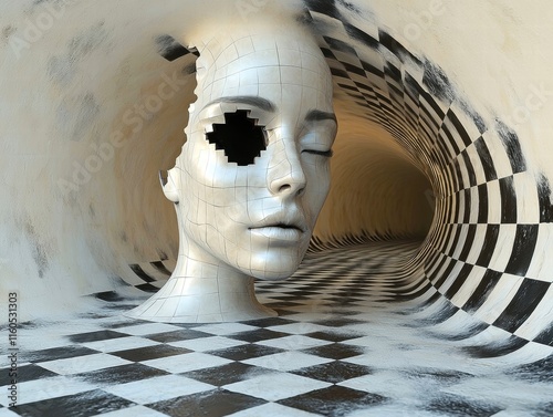 Abstract sculpture of a humanoid head in a surreal checkerboard tunnel.