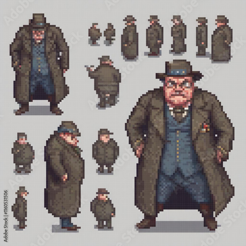 Retro pixel art of a stylish man in a trench coat and hat.