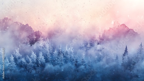 Soft snowfall over a frozen forest clearing, forming a dreamlike, abstract winter landscape. photo