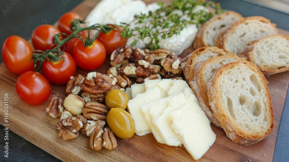 Bread, tomatoes, and nuts on a cheese board
Bread, tomatoes, and nuts on a cheese board