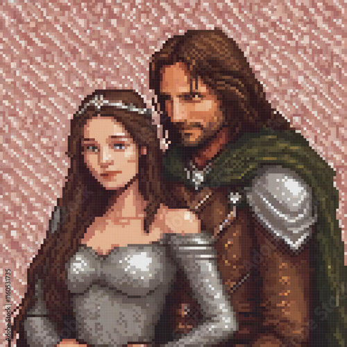 Pixel art depicting a man and woman in armor, side by side.