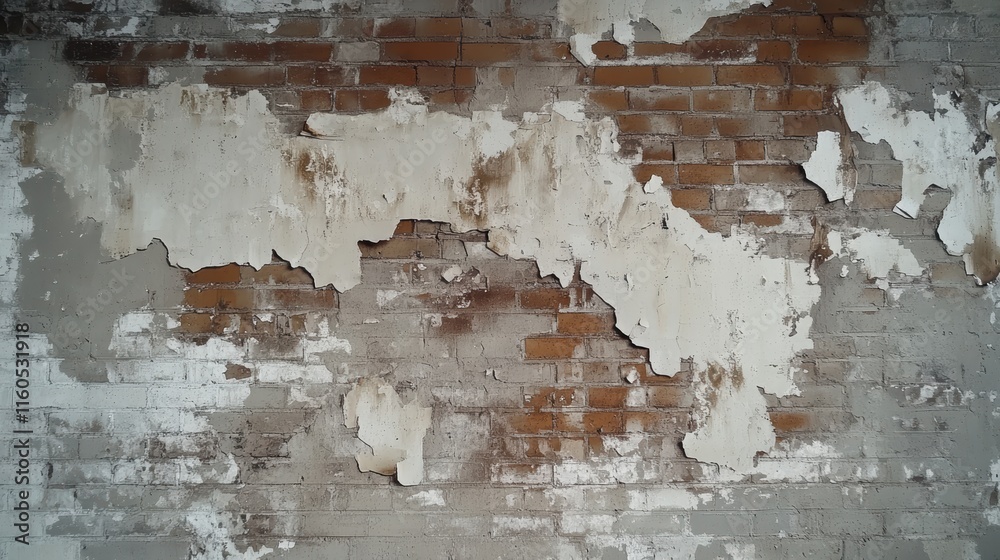 Obraz premium Closeup of a weathered brick wall with peeling paint, creating textured background