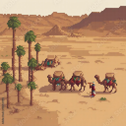 Pixel art camels amidst palm trees in a desert oasis.