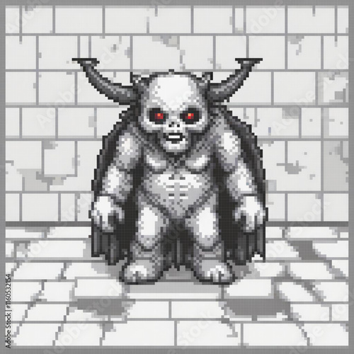 Red-eyed demon pixel art, captivating and eerie.