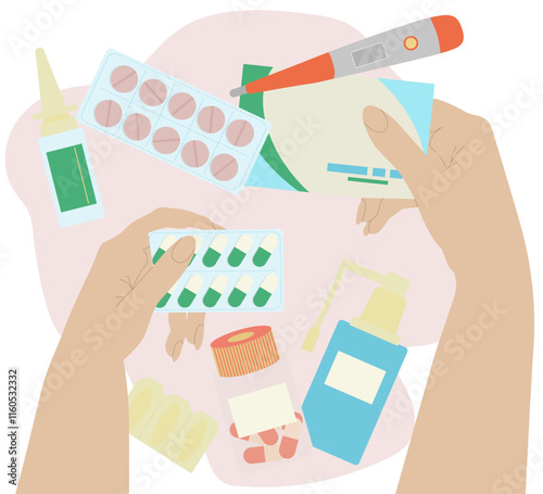 Medical equipment to use at home. Medicines to treat diseases. Healthcare. Vector illustration.