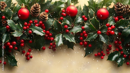 Festive Christmas holly border with red berries and pinecones. Generative AI photo