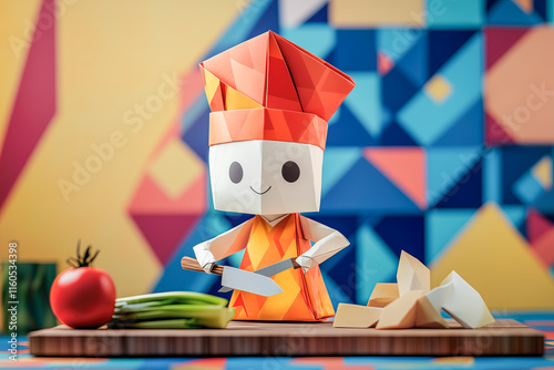 Cooking cuisine kitchen background super cute paper origami chef holding a knife chopping vegetables on a chopping board, wearing hat and apron, using triadic color scheme of red, yellow, blue.