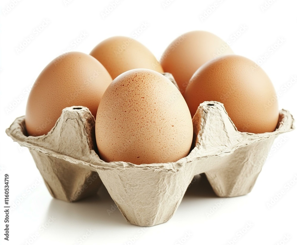 fresh brown chicken eggs in an egg box which made of recycled materials isolated on white background healthy organic food concept fresh brown chicken eggs in an egg box which made of recycled materials isolated on white background healthy organic food concept