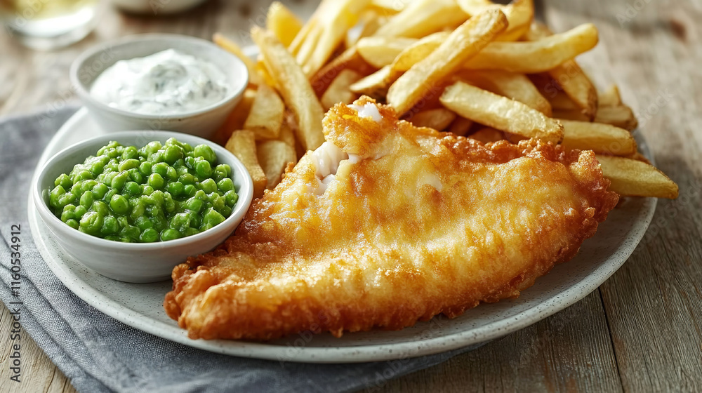 plate of fish and chips, a British fast food with battered and fried fish fillets and thick-cut fries plate of fish and chips, a British fast food with battered and fried fish fillets and thick-cut fries
