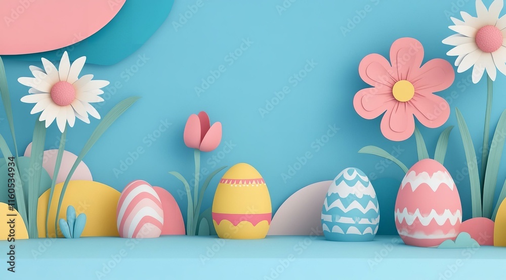 Happy Easter greeting card poster and template with Easter Eggs and flower on blue.Greetings and presents for Easter Day.Promotion and shopping template for Easter Day. Happy Easter greeting card poster and template with Easter Eggs and flower on blue.Greetings and presents for Easter Day.Promotion and shopping template for Easter Day.
