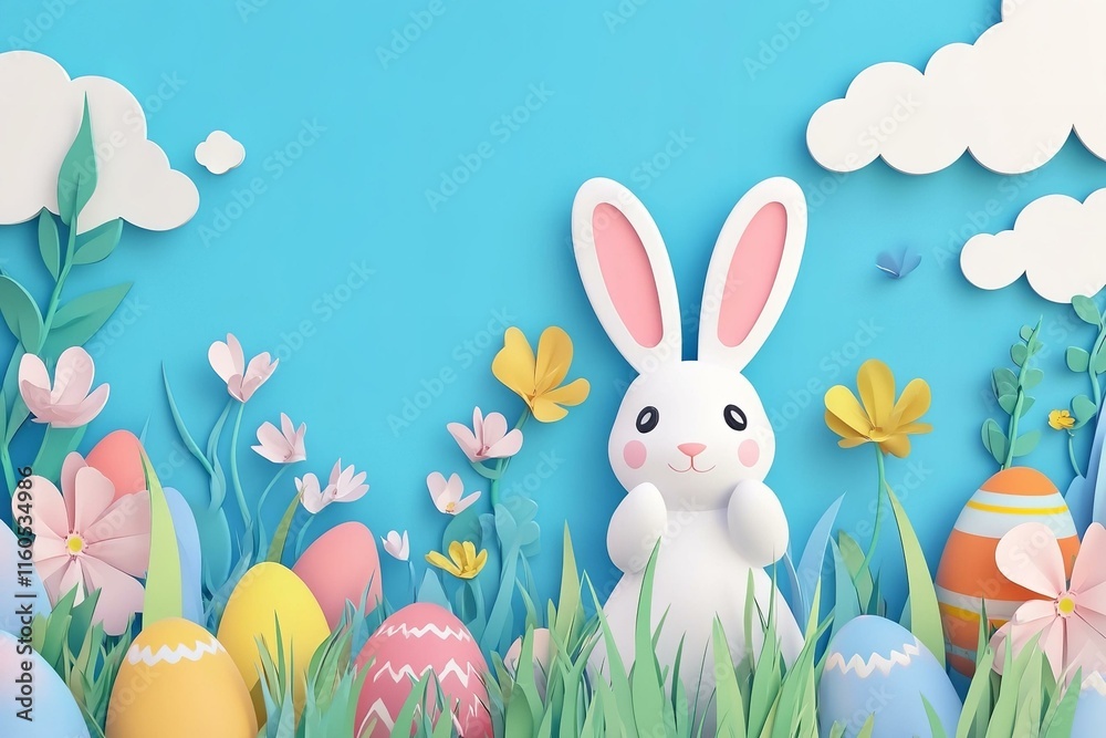 Happy easter background with easter bunny and easter eggs decoration Happy easter background with easter bunny and easter eggs decoration