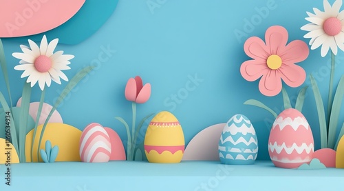 Happy Easter greeting card poster and template with Easter Eggs and flower on blue.Greetings and presents for Easter Day.Promotion and shopping template for Easter Day. photo