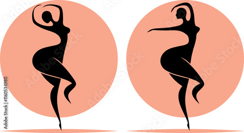 Minimalist Silhouette Dancing Female Figures in Modern Vector Art Style with Peach Background