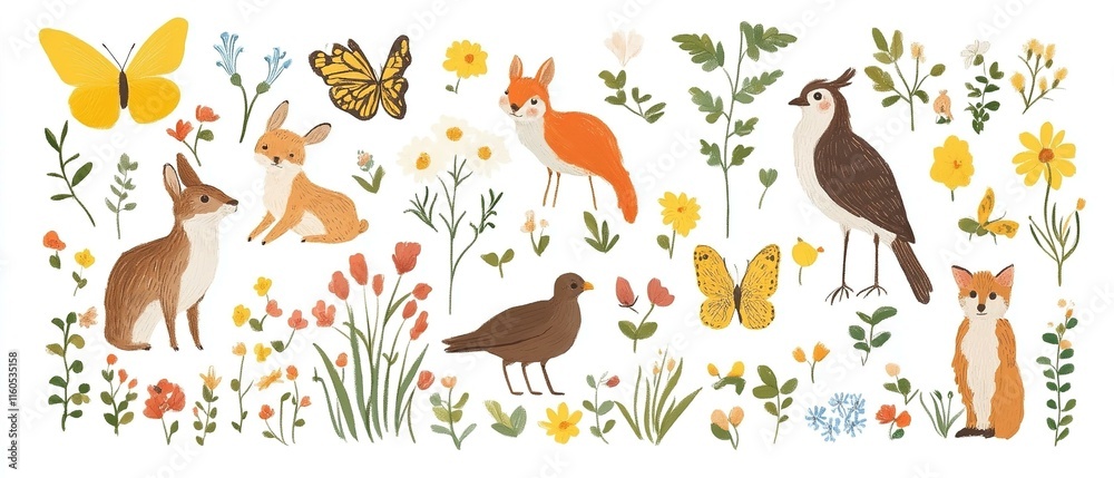 Spring is here big collection with different seasonal elements isolated on white animals flowers birds butterflies Spring is here big collection with different seasonal elements isolated on white animals flowers birds butterflies