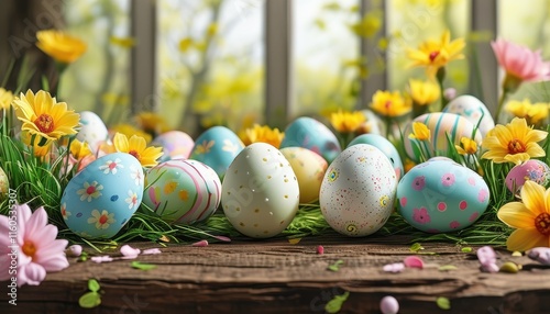 colorful and patterned Easter eggs among flowers on a wooden table