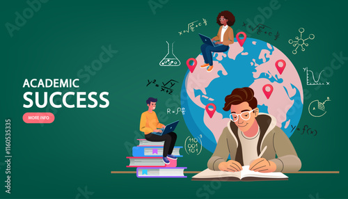 A college student multitasking with books, a laptop, and a globe, set against a green chalkboard background, symbolizing modern education and global study opportunities.