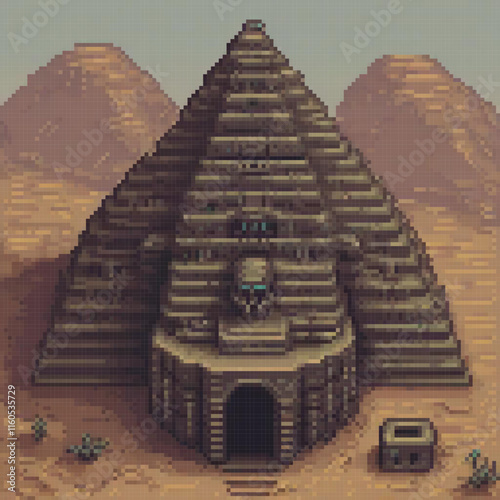 Pixel art desert pyramid, ancient architecture in a sandy landscape.