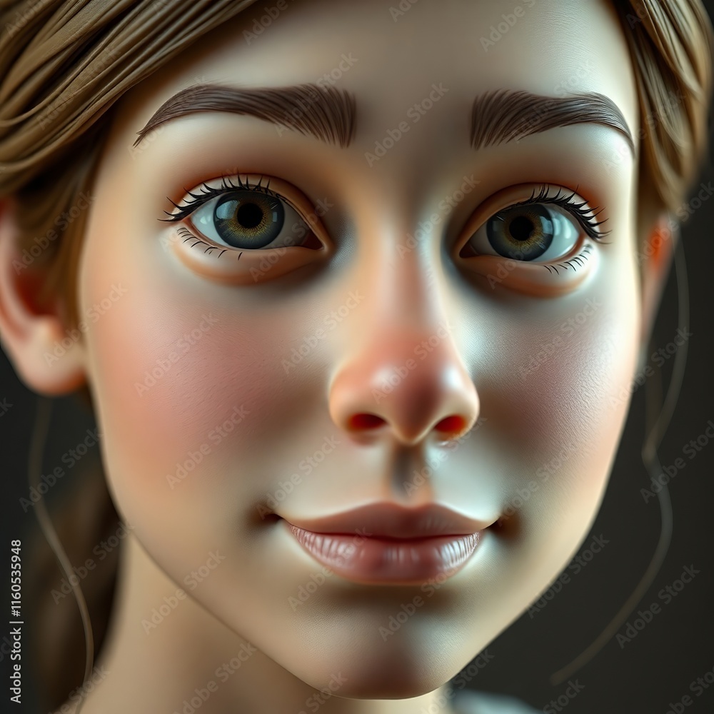 Close-up of a 3D rendered portrait of a young woman, showcasing realistic skin texture and subtle lighting.