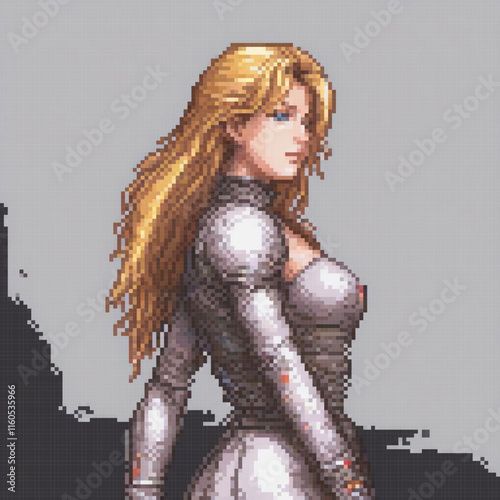 Stunning pixel art of a woman in a sleek silver suit, standing proudly in front of a bustling cityscape.