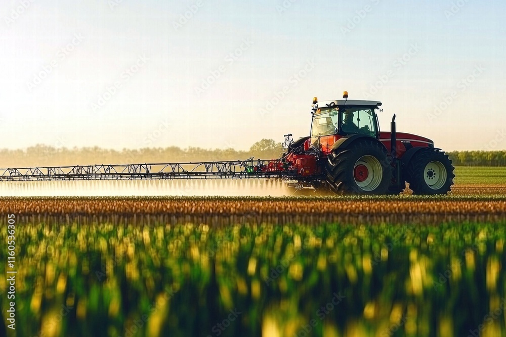 Fototapeta premium Red agricultural tractor spraying crops in a golden field at sunset.