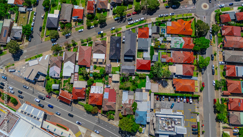 Panorama aerial drone view of western Sydney Suburbs of Canterbury Burwood Ashfield Marrickville Campsie with Houses roads and parks in Sydney New South Wales NSW Australia photo