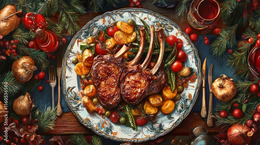 On a table with decorations, roasted lamb chops and vegetables
On a table with decorations, roasted lamb chops and vegetables
