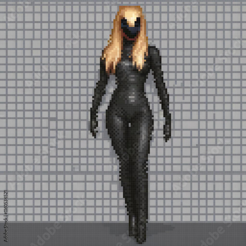 A striking pixel art of a woman donning a black cat suit, poised before a vibrant wall.