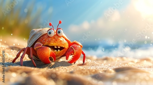 Cute cartoon hermit crab on beach. (1)