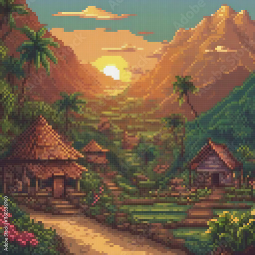 Pixel art village nestled in a majestic mountain landscape.