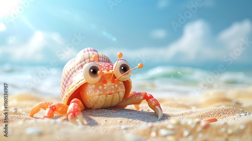 Cute cartoon hermit crab on beach.