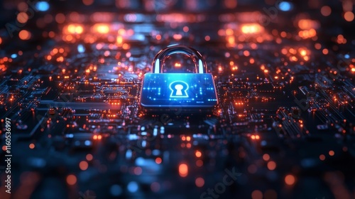 Cybersecurity padlock with electronic circuit background. Generative AI photo
