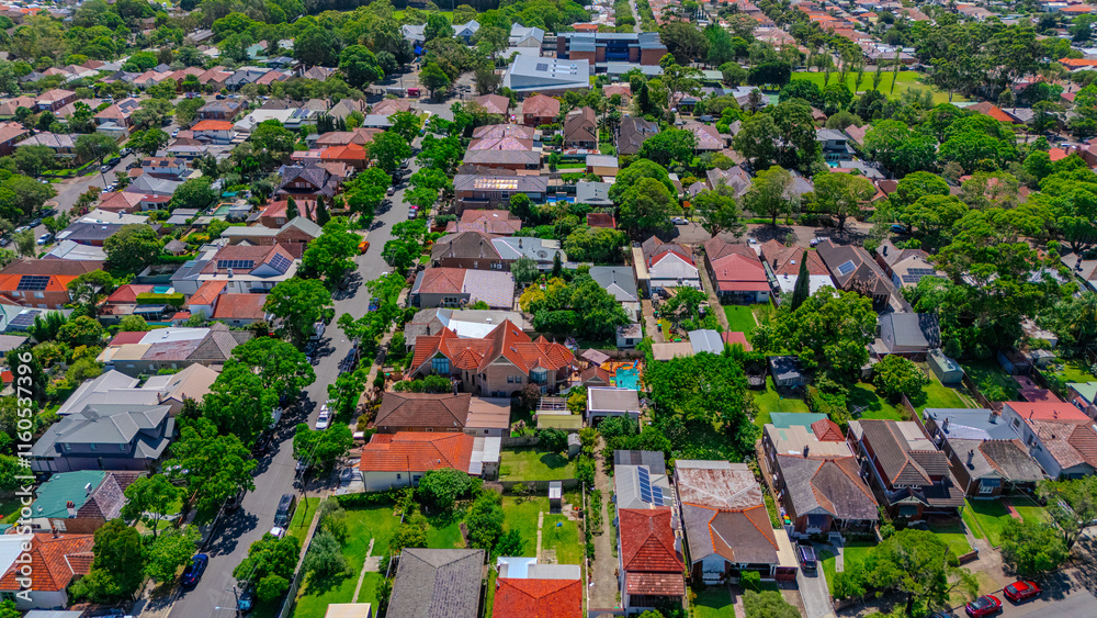 Fototapeta premium Panorama aerial drone view of western Sydney Suburbs of Canterbury Burwood Ashfield Marrickville Campsie with Houses roads and parks in Sydney New South Wales NSW Australia