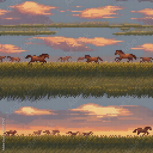 Pixel art: Horses galloping in a vibrant green field.