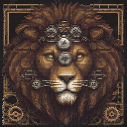 Pixel art cross stitch lion with gears, intricate craftsmanship.