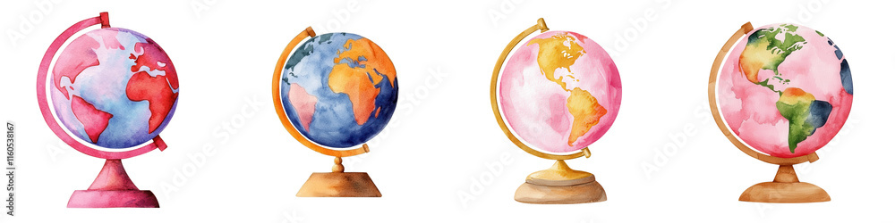 International women day element, Colorful globes with feminine symbols in watercolor style, isolated on transparent background. International women day element, Colorful globes with feminine symbols in watercolor style, isolated on transparent background.